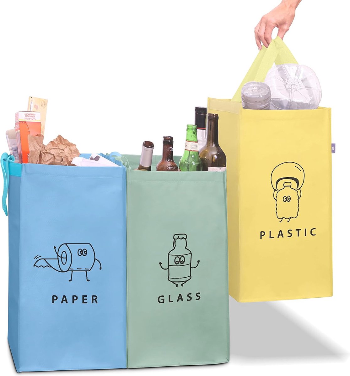 Goedkoopste Recycling System zakken, 3-delige set, afvalscheidingssysteem, 3-voudig, recyclingcontainer 40 liter, afvalscheiding voor papier, plastic en glas, bewaarflessen (marden
