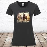 Dames T-shirt Wild horses zwart - XS