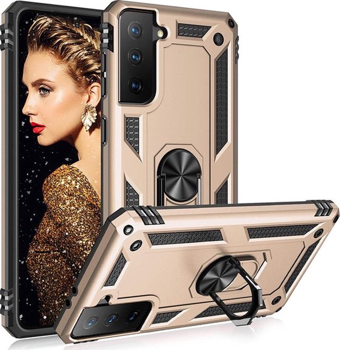 Anti-Shock Hybrid Ring Armor Hoesje Geschikt voor: Samsung Galaxy S21 FE - Goud