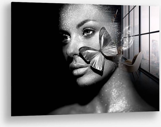 Wallfield™ - Femme Butterfly | Peinture sur verre | Verre trempé | 60 x 90 cm | Système de suspension magnétique