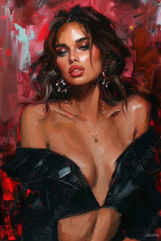 JJ-Art (Glas) 60x40 | Vrouw met zwart haar, geschilderde stijl, rode lippen, sensueel, kunst | portret, sexy, mens, bruin, zwart, rood, modern | Foto-schilderij-glasschilderij-acrylglas-acrylaat-wanddecoratie