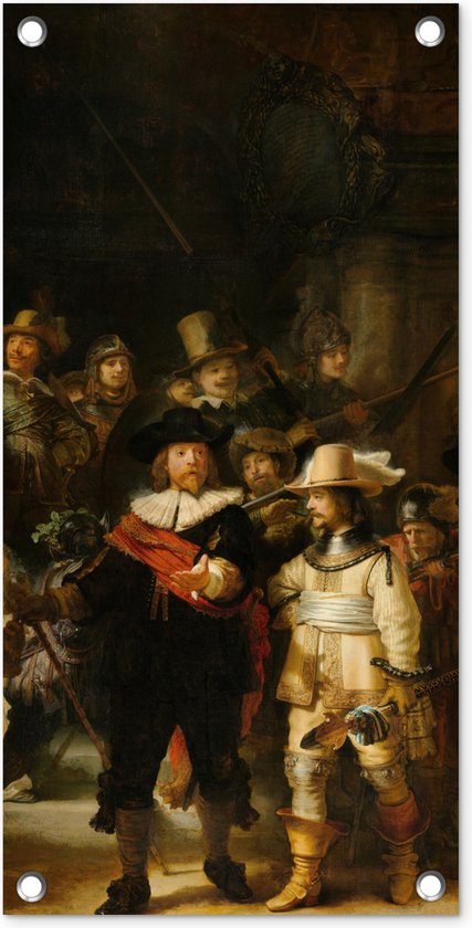 Tuinposter De Nachtwacht - Schilderij van Rembrandt van Rijn - 30x60 cm - Tuindoek - Buitenposter