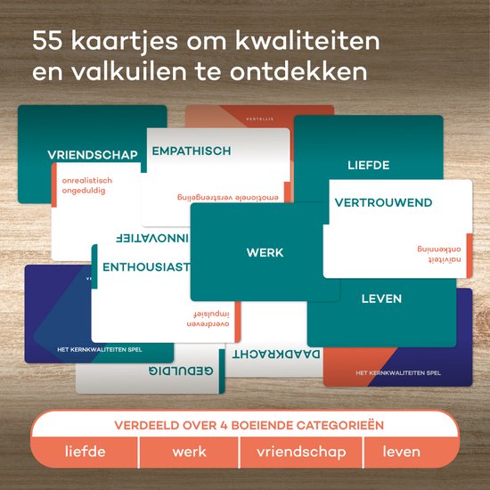 Vele kaarten met kwaliteiten zoals "VRIENDSCHAP", "EMPATHISCH", "LIEFD" en "WERK".
