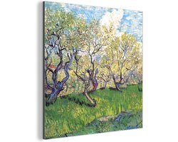 Aluminium schilderij 20x20 cm - Wanddecoratie metaal - Boomgaard met bloeiende pruimenbomen - Vincent van Gogh - Metalen muurdecoratie woonkamer - Decoratie industrieel - Foto op dibond - Industriële accessoires slaapkamer