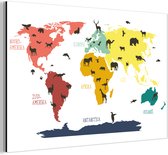 Décoration murale Métal - Peinture Aluminium - Wereldkaart - Enfants - Animaux - Couleurs - 180x120 cm