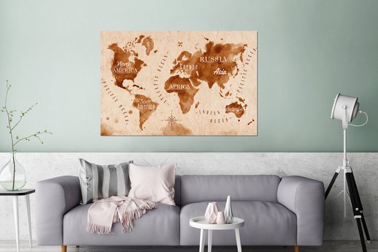 Décoration murale Métal - Peinture Aluminium - Wereldkaart - Peinture - Marron - Vintage - 120x80 cm