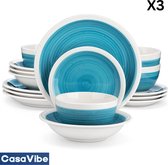 CasaVibe Luxe Serviesset – 48 delig – 12 persoons – Porselein - Bordenset – Dinner platen – Dessertborden - Kommen - Mokken - Set - Blauw - Wit - Ori