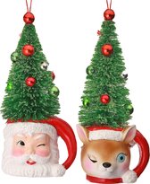Viv! Décoration de Noël de Noël - Père Noël et renne avec chapeau de sapin de Noël - lot de 2 - rouge vert blanc - 14 cm
