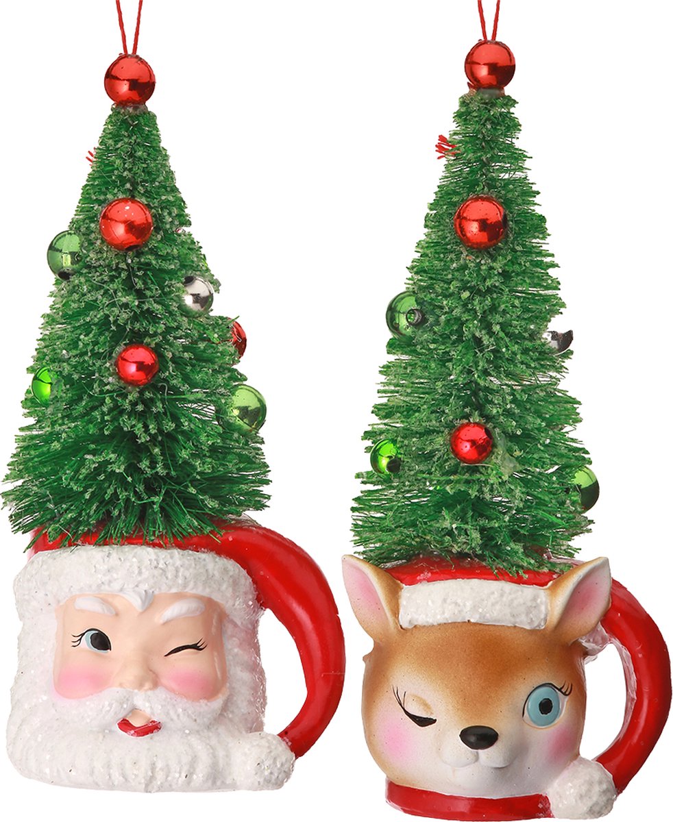 Viv! Christmas Kerstornament - Kerstman en Rendier met Kerstboom Hoed - set van 2 - rood groen wit - 14cm
