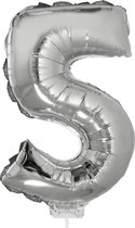 Zilveren opblaas cijfer ballon 5 op stokje 41 cm