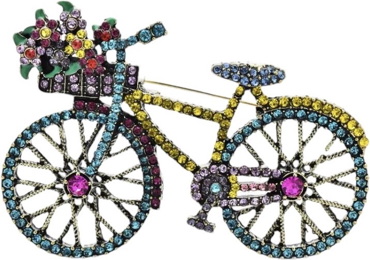 Broche Fiets Strass groot met Bloemenmandje ( 5.2 x 7.3 cm )