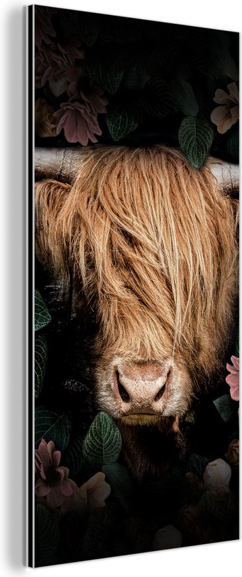 Décoration murale Métal - Peinture Aluminium - Scottish Highlander - Vache - Feuilles - 20x40 cm