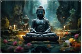 Tuinposter Boeddha - Tuindecoratie Buddha beeld - 180x120 cm - Tuindoek - Muurdecoratie voor buiten - Schuttingposter - Tuinschilderijen Japan zen - Tuinwanddecoratie - Tuinposters