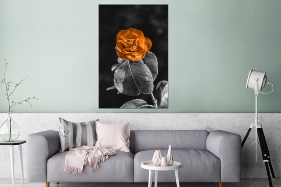 Wanddecoratie Metaal - Aluminium Schilderij Industrieel - Bloemen - Rozen - Oranje - Zwart - Wit - 80x120 cm - Dibond - Foto op aluminium - Industriële muurdecoratie - Voor de woonkamer/slaapkamer