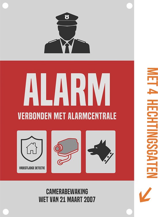 Foto: Pictogram bord alu di bond alarm verbonden met alarmcentrale 19 x 32 cm politie cameratoezicht camerabewaking wetgeving maart 2007 cctv nederlands waakhond aluminium roestvrij protection met 4 boorgaten 1 stuk