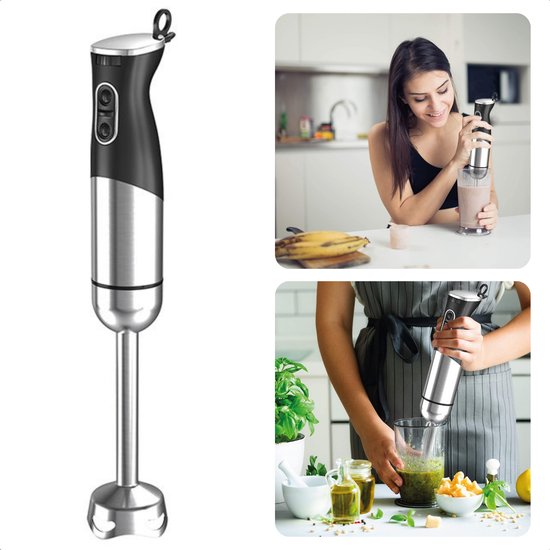 Ganiza Staafmixer, 5-en-1 pureerstaaf, 1200 W sterk vermogen, met snelheidsregeling en turbo-knop, handblender met dubbele melkopschuimer, voor het bereiden van saus, soepen, milkshake