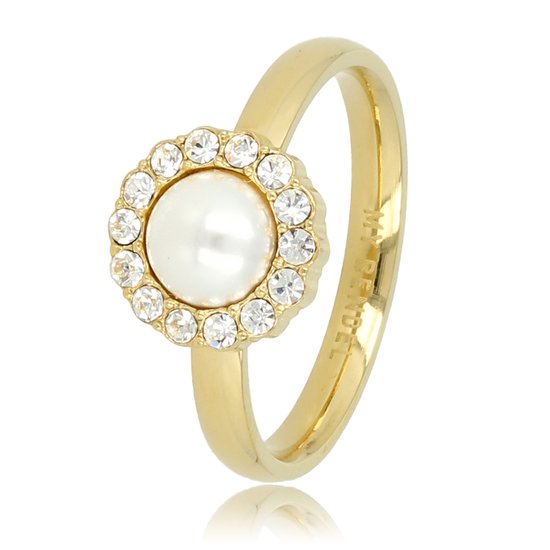 My Bendel - Ring goud met zirkonia steentjes en witte parel - Gouden ring met een ronde witte parel versierd met zirkonia steentjes - Met luxe cadeauverpakking