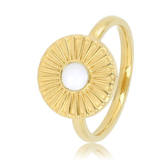 My Bendel - Ring goud zonnetje met White Aventurine - Vrolijke gouden edelstalen ring met een zonnetje en White Aventurine edelsteen - Met luxe cadeauverpakking