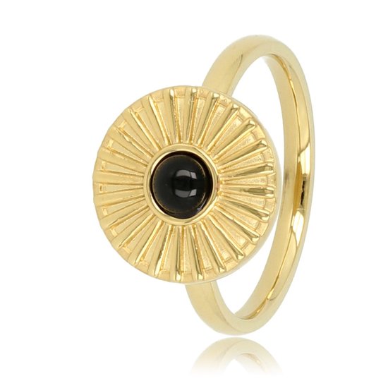 My Bendel - Ring goudkleurig zonnetje met Onyx - Vrolijke goudkleurige edelstalen ring met een zonnetje en Onyx edelsteen - Met luxe cadeauverpakking