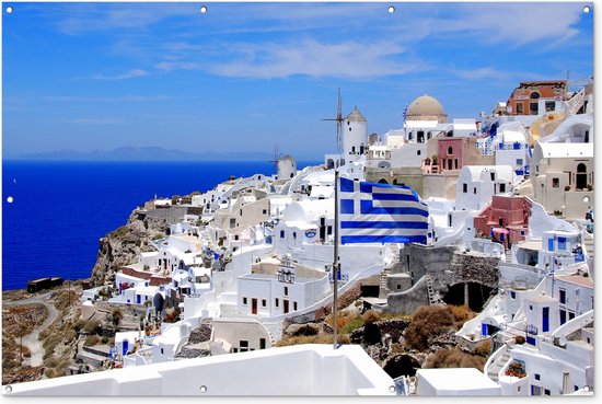 Muurdecoratie Vlag van Griekenland tussen de witte huisjes - 180x120 cm - Tuinposter - Tuindoek - Buitenposter