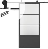 Stalen schuifdeur - Loft - 3 vaks helder glas - kickplate - 215 x 100 cm inclusief schuifdeursysteem