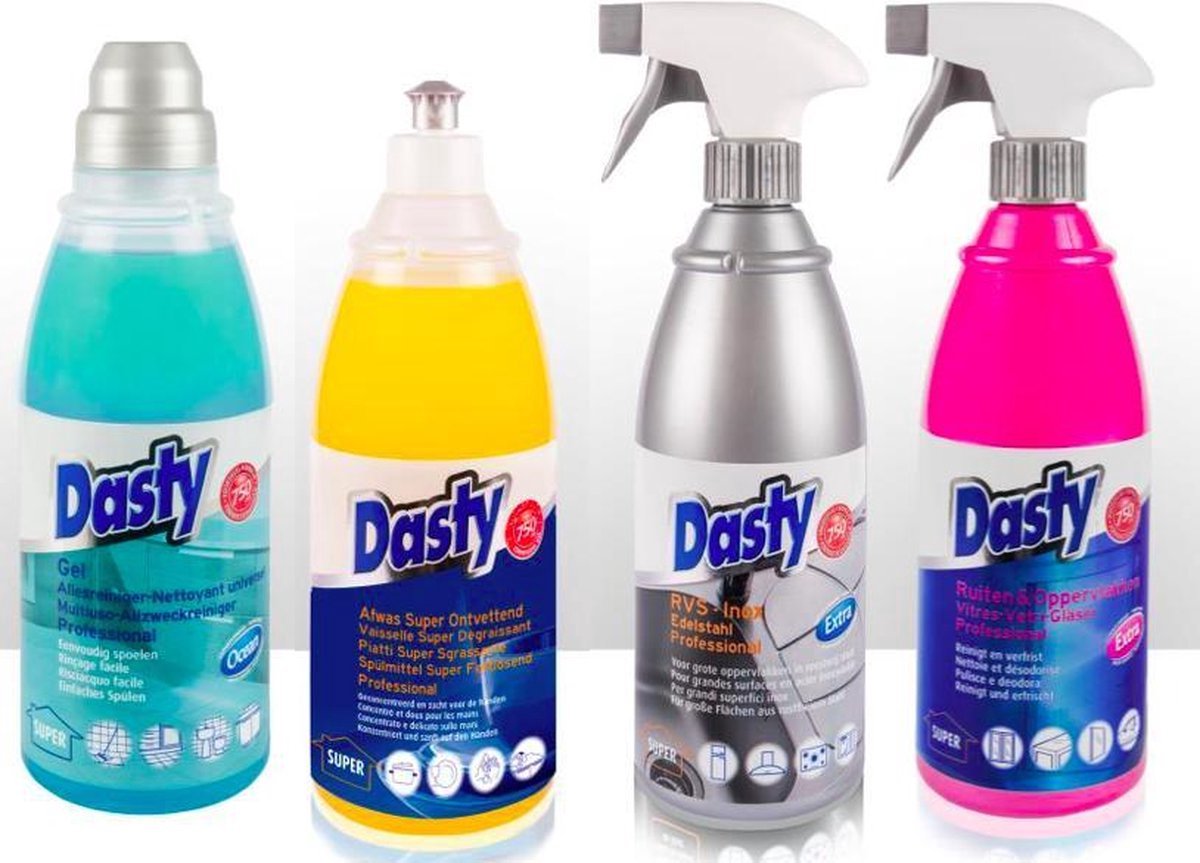 Dasty Keuken Schoonmaak Pakket: Afwas Super Ontvettend + RVS- en Inductiekookplatenreiniger + Ruiten en Oppervlakten + Allesreinigende Gel (Starter-Pack)