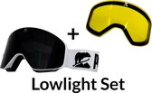 Luxe Magnetische Snowboardbril / Skibril SET - Zwarte Lens & Lowlight Lens (Slecht weer-lens) Wit Frame + Beschermcase & Microfiber hoes - PolarShred - Anti fog - Cat.3 - 100% UV Bescherming - VLT 16%