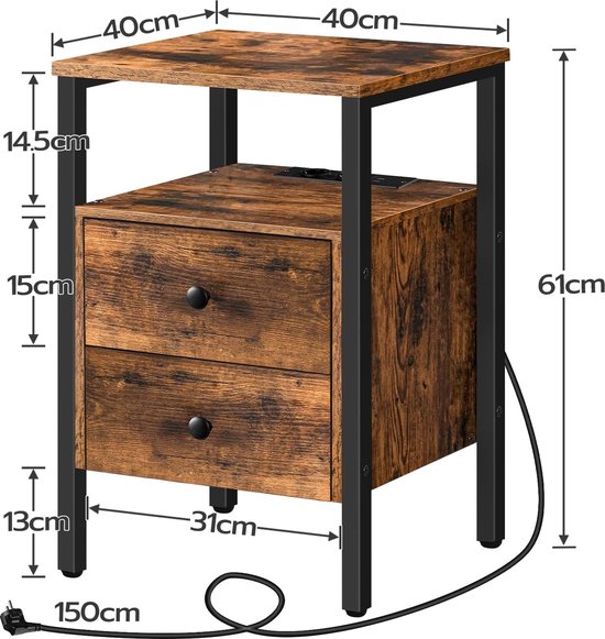 HOOBRO Nachtkastje, salontafel met stopcontacten en USB-poorten, bijzettafel met laden en legplank voor kleine ruimtes, woonkamer, slaapkamer, eenvoudig te monteren EBG43CBZ01G2