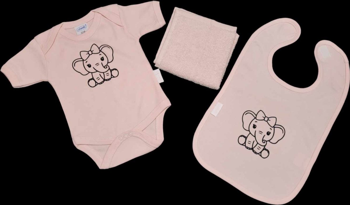 Goedkoopste Kraamcadeau -roze - olifant - slab - spuugdoek - romper - maat 62/68.