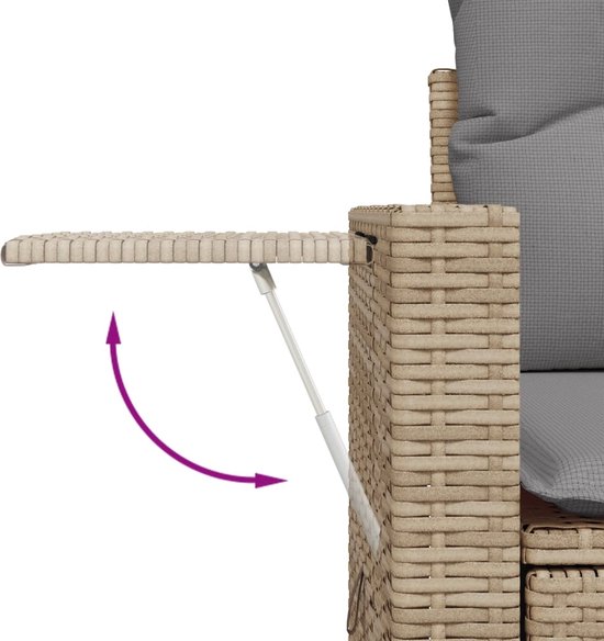 Détail de la table d'appoint extensible d'un salon modulaire en polyrotin beige. La table est fixée sur le côté et dotée d'un vérin à gaz.