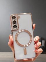 Samsung Galaxy S24 Magnetisch Hoesje Met Lensbeschermer - Magsafe - Magneet Case Met Ring en camera cover transparant met gekleurde rand - roze