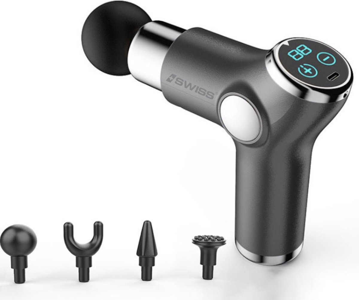 Afbeelding 2 van ISWISS Mini Massage Gun - Zwart - Massage Pistool - 4 opzetstukken - Stress Relief - Draadloos - Oplaadbaar - Fascial Gun - Spierherstel