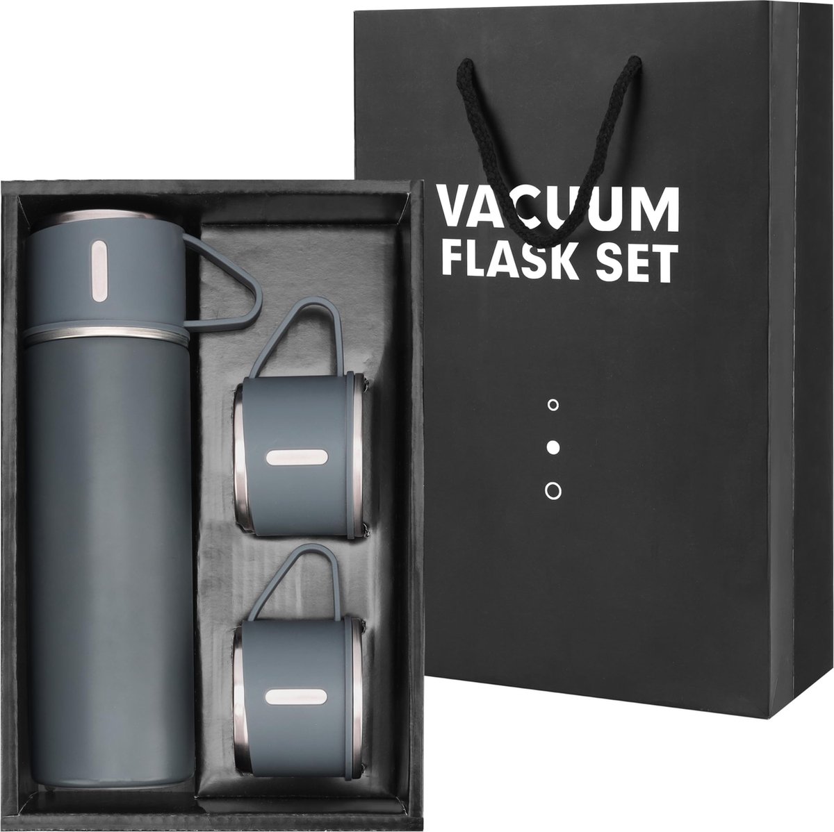 BELLE VOUS Grey Stainless Steel Flask Bottle with Cup Lid & 2 Cups 500ml 17oz Double Walled & Vacuum Insulated Travel Mug Reusable Metal BPA-Free Leakproof Water Bottle for Hot and Cold Drinks