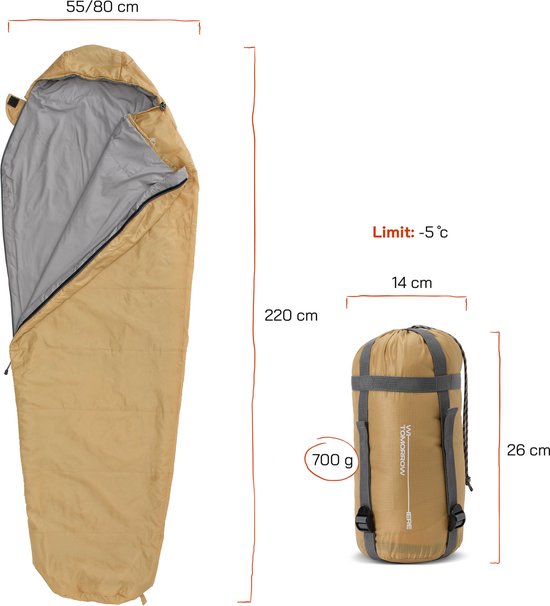 Where Tomorrow Camping Sleeping Bag Klein & Light - Sac de couchage momie avec sac - 220 x 80 x 50 cm - Curry