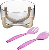Secret de Gourmet Saladier/bol de service - verre - couverts à salade plastique rose - Dia 24 cm