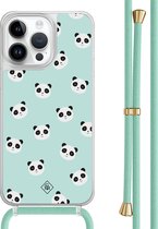 Casimoda® hoesje met mintgroen koord - Geschikt voor iPhone 14 Pro Max - Panda Print - Afneembaar koord - TPU/polycarbonaat - Mint