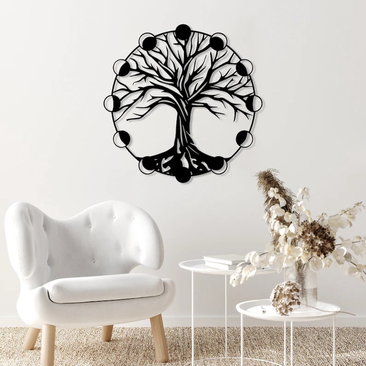 Prachtige Maanfase Levensboom Metalen Wanddecoratie 35x35 cm Zwart