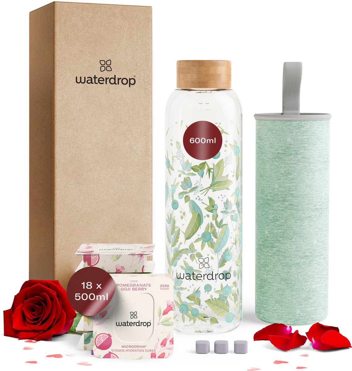waterdrop® Starterset Glas - Clean Melange - valentijn cadeautje voor hem en haar - 1 Glas drinkfles 600 ml + 18 Microdrink bruistabletten