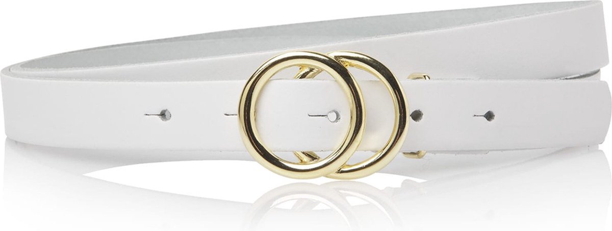Take-it Witte Dames Riem met Dubbele Ringen Gesp - Smalle Riem - Gouden Ringen - 2 cm breed - Echt Leer - Wit - Lengte totaal 115 cm / Riemmaat 105 - Take-it