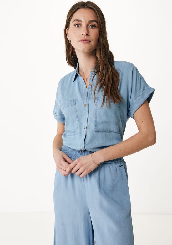 Roll Sleeve Blouse With Chest Pockets Dames - Denim - Maat XS