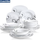 CasaVibe Luxe Bordenset - Kommen set - Borden - Dinerborden - set van 24 - 6 persoons - serviesset - Wit met Print