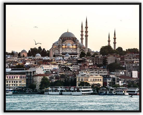 Istanbul moskee turkije rivier fotolijst met glas 40 x 50 cm - Prachtige kwaliteit - Turkije - rivier - stad - Glazen plaat - inclusief ophangsysteem - Poster - Foto op hoge kwaliteit uitgeprint