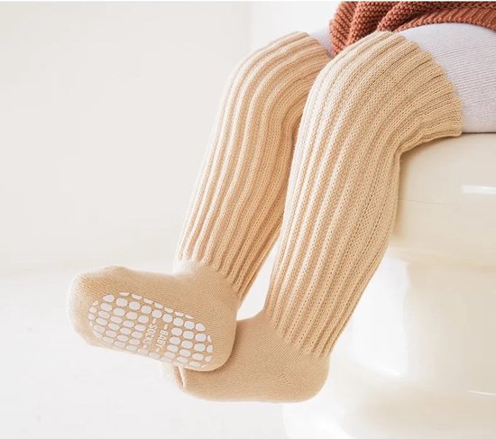 Ychee - Anti slip Kinder Sokken - Kousen - Lange Sokken - Extra Grip - Veilig - Lopen - Spelen - Comfort - Stretch - Beige - 1-3 jaar - Maat: Small