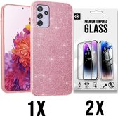 Casemania Coque pour Samsung Galaxy A15 - Rose - 2X Protecteur d'écran en Verres - Coque Arrière Glitter