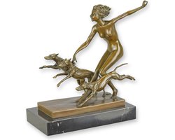Bronzen beeld SPRING FROLIC vrouw met speelse honden