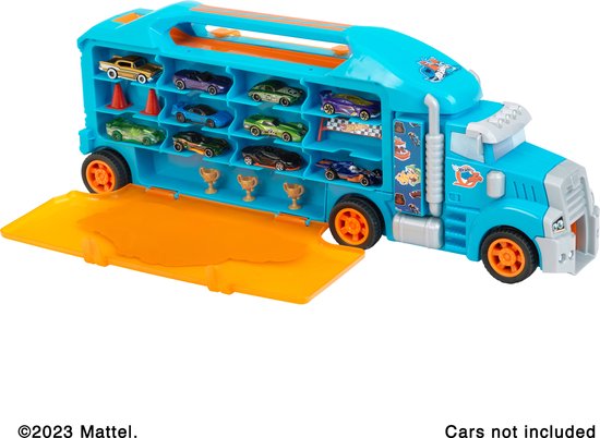 Klein Toys Hot Wheels vrachtwagenverzamelkoffer - max 24 auto's en 2 vrachtwagens - schaal 1:64 - incl. praktische handgreep, 2 pylonen, 3 kopjes en een bord - blauw oranje