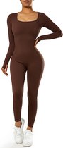 B.O.S. Basic Body - Ribbed - Long sleeve - Jumpsuit Voor Vrouwen - Kleding - Casual - Brown - Fitness - Rompertjes 2023 - Y2K - Playsuit - Activiteit - Streetwear Overalls - Maat M