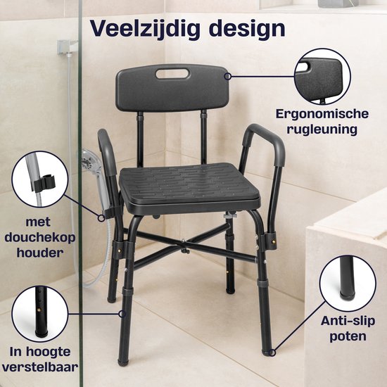 Sanicraft® Douchestoel - Douchekruk met Armleuning & Douchekophouder - Stoel & Kruk in 1 - Verstelbare Hoogte - Anti-Slip Poten - Zwart