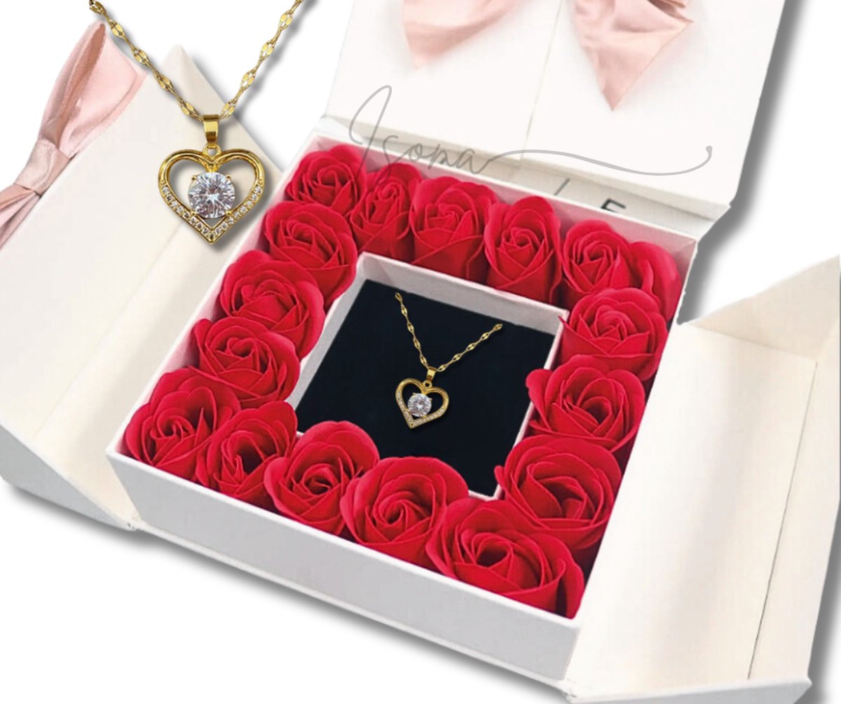 Goedkoopste Isona Cadeau voor Vrouw - Cadeaurozen - Ketting Hartje - Sieradendoos - Luxe Geschenkset vrouwen - Verjaardagscadeau - Geschenkdoos - Juwelen - Badzeep Rozen - Giftset - Liefde - Relatie - Vriendschap - Kerst - Kerstmis - Wit - Goud