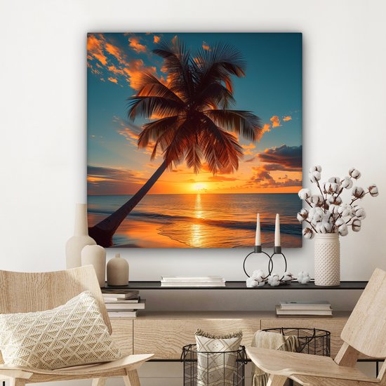 Canvas Schilderij 90x90 cm - Zonsondergang - Palmboom - Zee - Horizon - Strand - Muurdecoratie woonkamer - Woondecoratie - Kamer accessoires - Natuur schilderijen